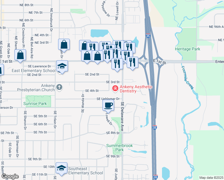 map of restaurants, bars, coffee shops, grocery stores, and more near 340 Southeast Delaware Avenue in Ankeny