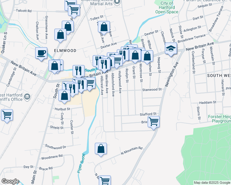 map of restaurants, bars, coffee shops, grocery stores, and more near 74 Abbotsford Avenue in West Hartford