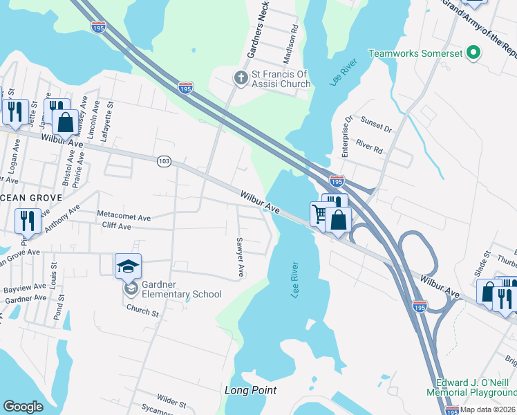 map of restaurants, bars, coffee shops, grocery stores, and more near 27 Lees River Drive in Swansea