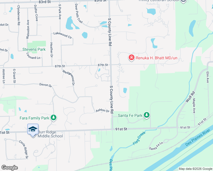map of restaurants, bars, coffee shops, grocery stores, and more near 8850 South County Line Road in Burr Ridge