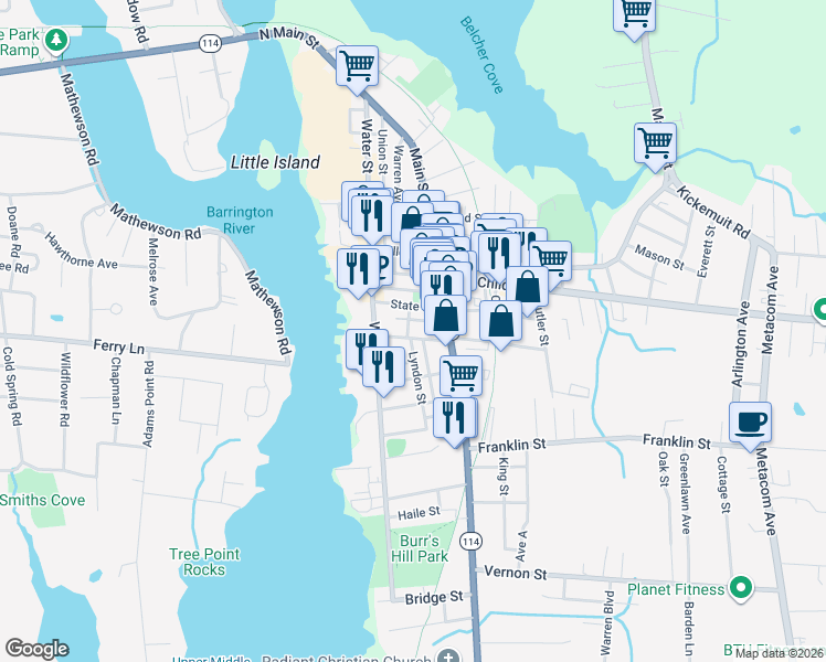 map of restaurants, bars, coffee shops, grocery stores, and more near 18 Washington Street in Warren