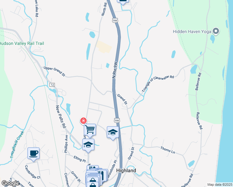 map of restaurants, bars, coffee shops, grocery stores, and more near 109 Grand Street in Highland