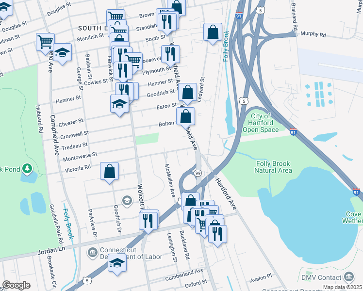 map of restaurants, bars, coffee shops, grocery stores, and more near 44 Victoria Road in Hartford