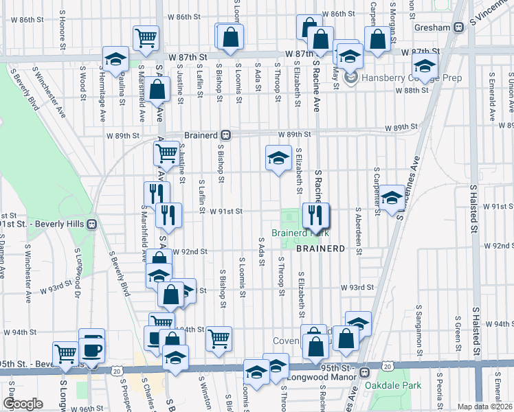 map of restaurants, bars, coffee shops, grocery stores, and more near 9100 South Ada Street in Chicago