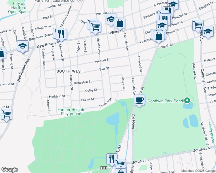 map of restaurants, bars, coffee shops, grocery stores, and more near 59 Amherst Street in Hartford