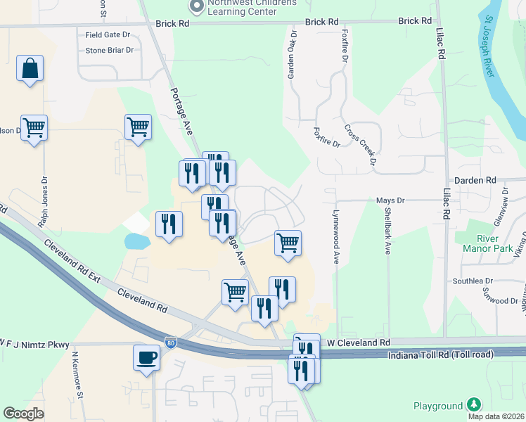 map of restaurants, bars, coffee shops, grocery stores, and more near 2654 Arabian Court in South Bend