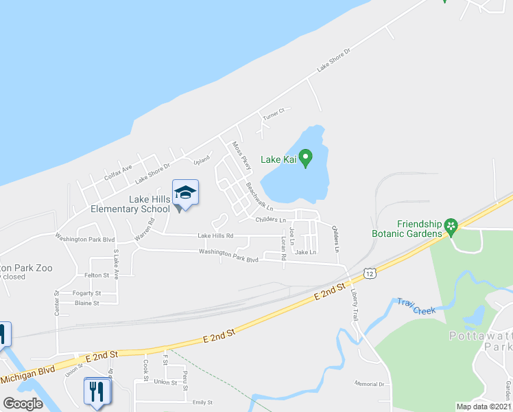 map of restaurants, bars, coffee shops, grocery stores, and more near 233 Beachwalk Lane in Michigan City