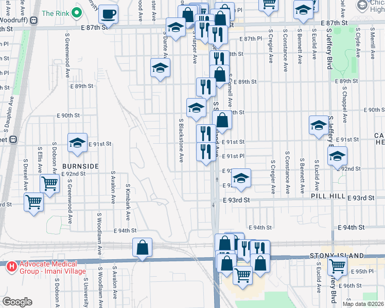 map of restaurants, bars, coffee shops, grocery stores, and more near 9137 South Harper Avenue in Chicago