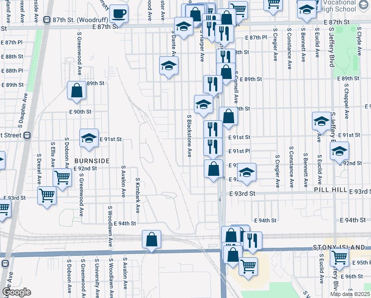 map of restaurants, bars, coffee shops, grocery stores, and more near 9134 South Blackstone Avenue in Chicago