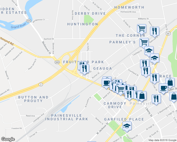 map of restaurants, bars, coffee shops, grocery stores, and more near 447 Chardon Street in Painesville