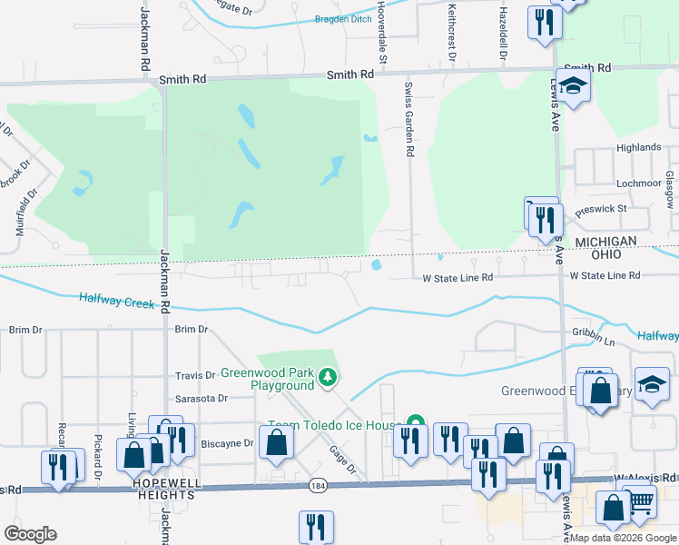 map of restaurants, bars, coffee shops, grocery stores, and more near 1338 Brooke Park Drive in Toledo