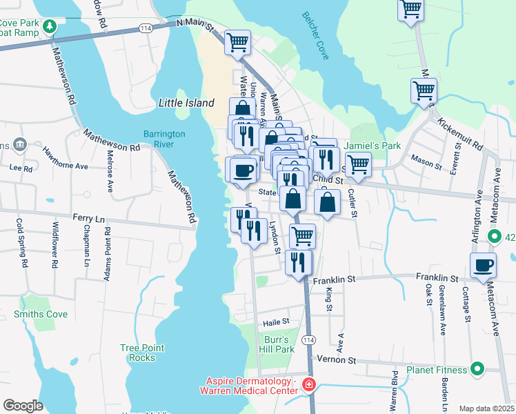 map of restaurants, bars, coffee shops, grocery stores, and more near 50 Washington Street in Warren