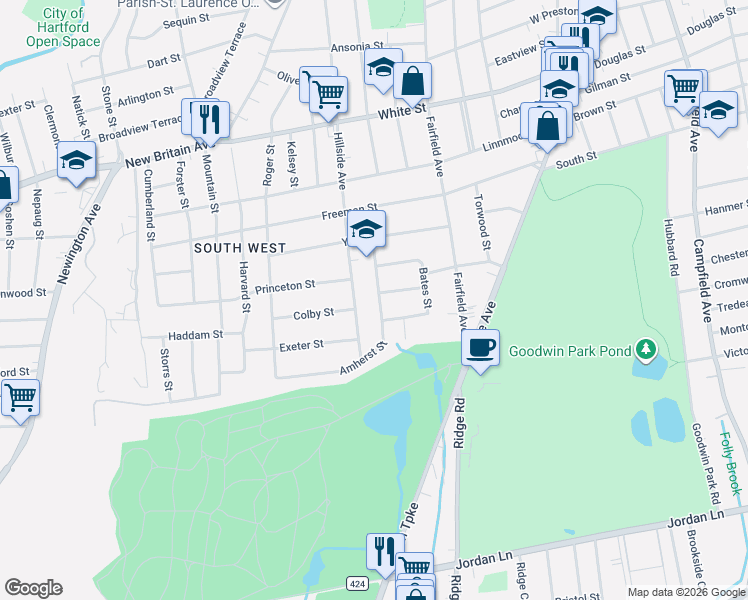 map of restaurants, bars, coffee shops, grocery stores, and more near 59 Amherst Street in Hartford