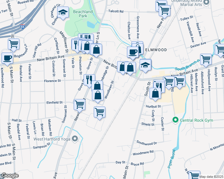 map of restaurants, bars, coffee shops, grocery stores, and more near 80 Woodlawn Street in West Hartford