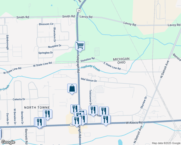 map of restaurants, bars, coffee shops, grocery stores, and more near 117 Mel Simon Drive in Toledo