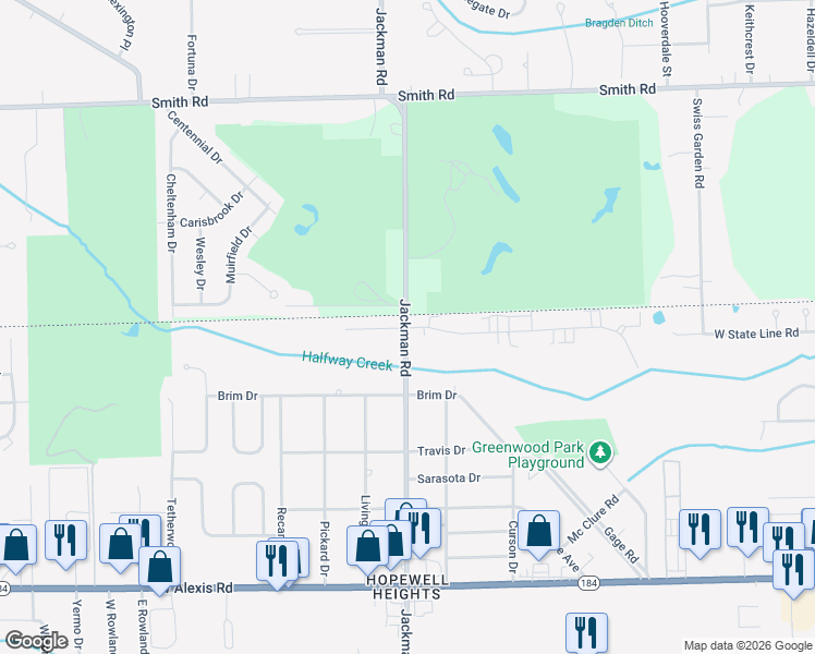 map of restaurants, bars, coffee shops, grocery stores, and more near 6153 Jackman Road in Toledo