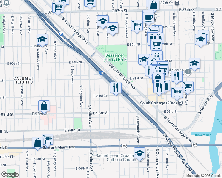map of restaurants, bars, coffee shops, grocery stores, and more near 9157 South Marquette Avenue in Chicago
