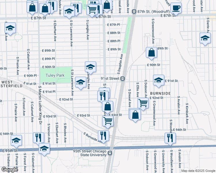 map of restaurants, bars, coffee shops, grocery stores, and more near 9121 South Cottage Grove Avenue in Chicago