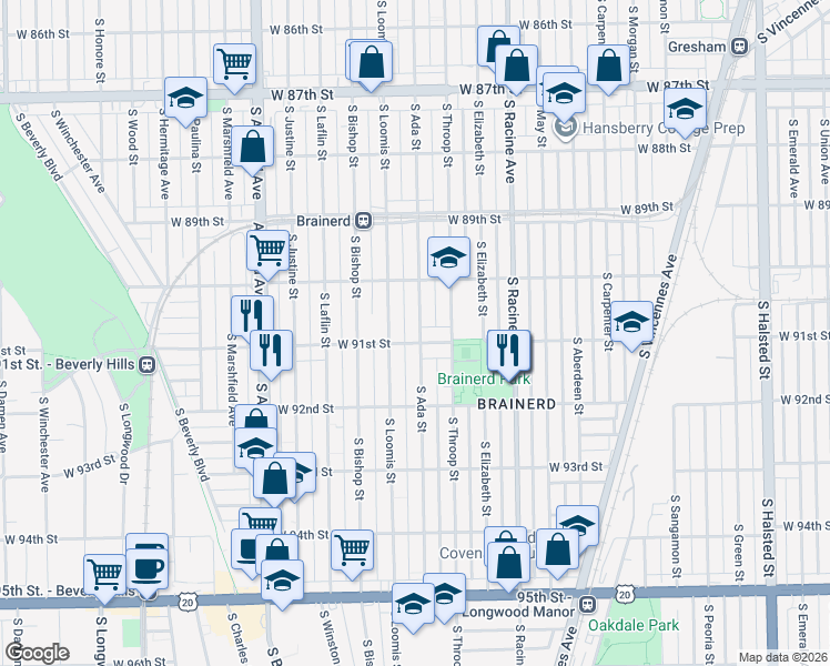 map of restaurants, bars, coffee shops, grocery stores, and more near 9100 South Ada Street in Chicago