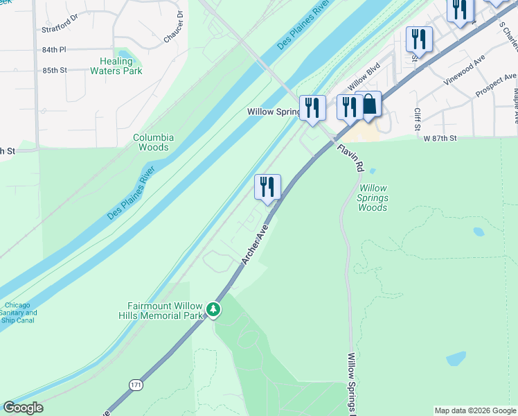 map of restaurants, bars, coffee shops, grocery stores, and more near 8900 Archer Avenue in Willow Springs