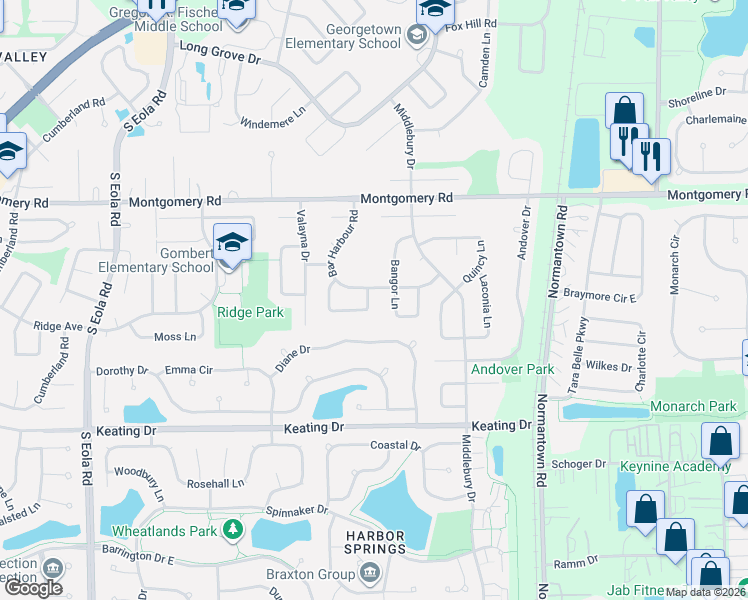 map of restaurants, bars, coffee shops, grocery stores, and more near 1493 Bangor Lane in Aurora