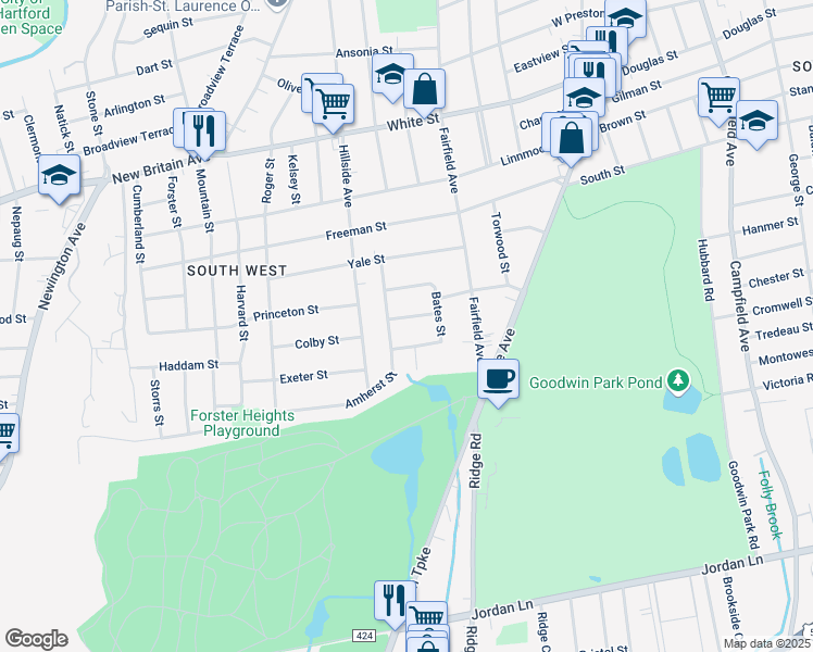 map of restaurants, bars, coffee shops, grocery stores, and more near 59 Amherst Street in Hartford