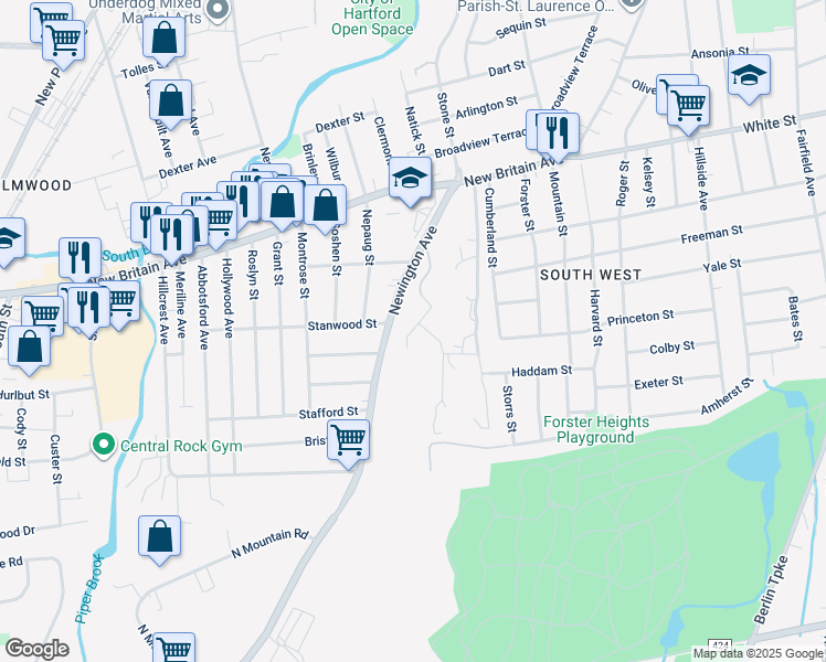 map of restaurants, bars, coffee shops, grocery stores, and more near 217 Avery Heights in Hartford