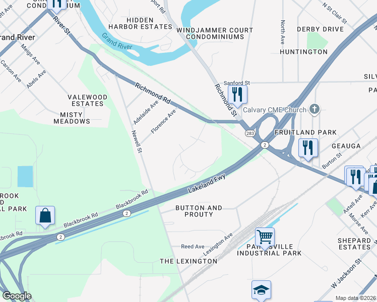 map of restaurants, bars, coffee shops, grocery stores, and more near 81 Maple Spring Drive in Painesville