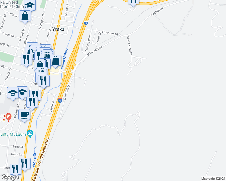 map of restaurants, bars, coffee shops, grocery stores, and more near E Center St in Yreka