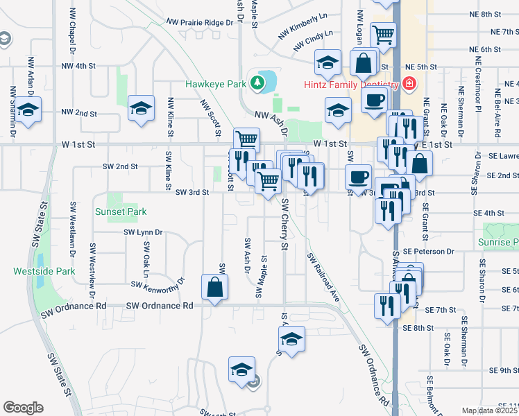 map of restaurants, bars, coffee shops, grocery stores, and more near 704 Southwest 4th Street in Ankeny