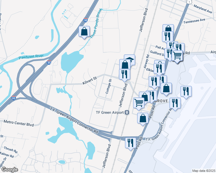 map of restaurants, bars, coffee shops, grocery stores, and more near 137 Cottage Street in Warwick