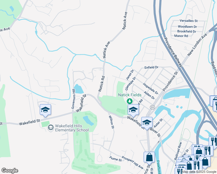 map of restaurants, bars, coffee shops, grocery stores, and more near 47 Steven Drive in West Warwick