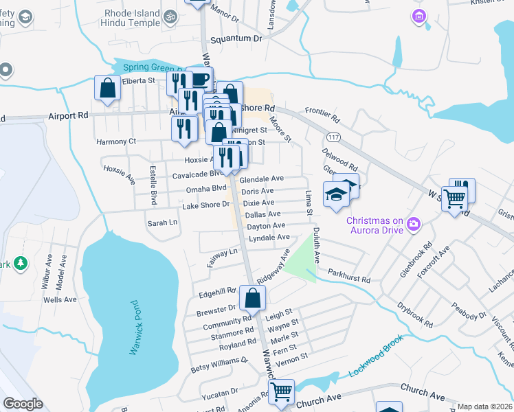 map of restaurants, bars, coffee shops, grocery stores, and more near 82 Dallas Avenue in Warwick