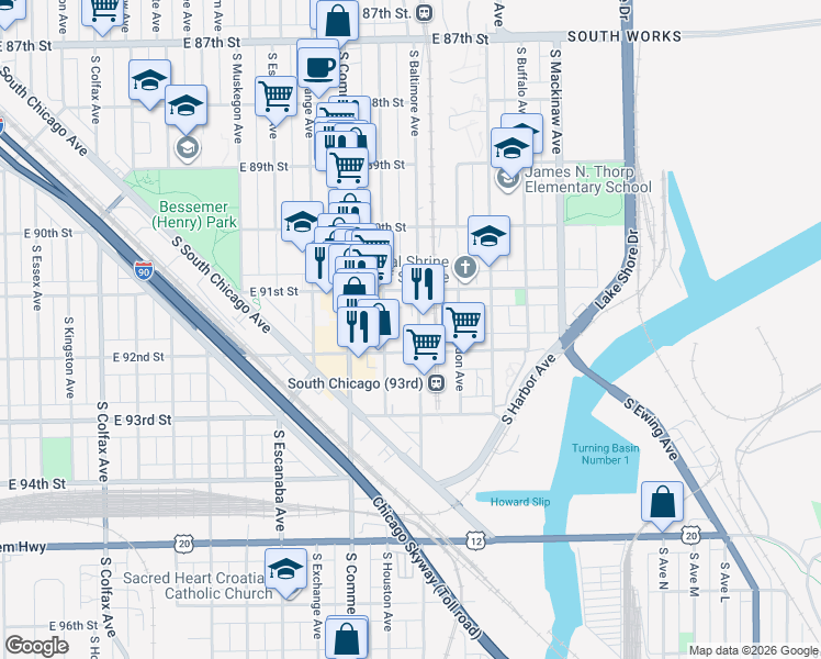 map of restaurants, bars, coffee shops, grocery stores, and more near 9138 South Baltimore Avenue in Chicago