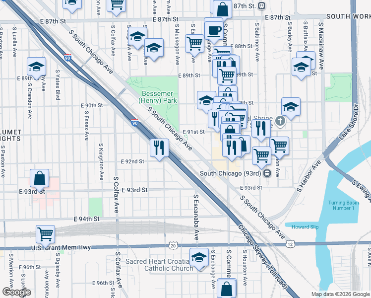 map of restaurants, bars, coffee shops, grocery stores, and more near 9142 S South Chicago Avenue in Chicago