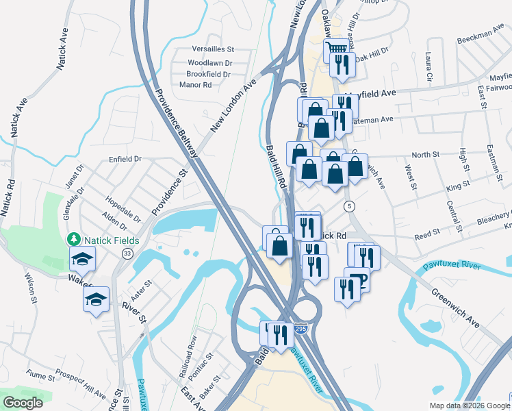 map of restaurants, bars, coffee shops, grocery stores, and more near 245n West Natick Road in Warwick