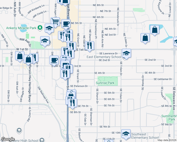 map of restaurants, bars, coffee shops, grocery stores, and more near 301 Southeast 4th Street in Ankeny
