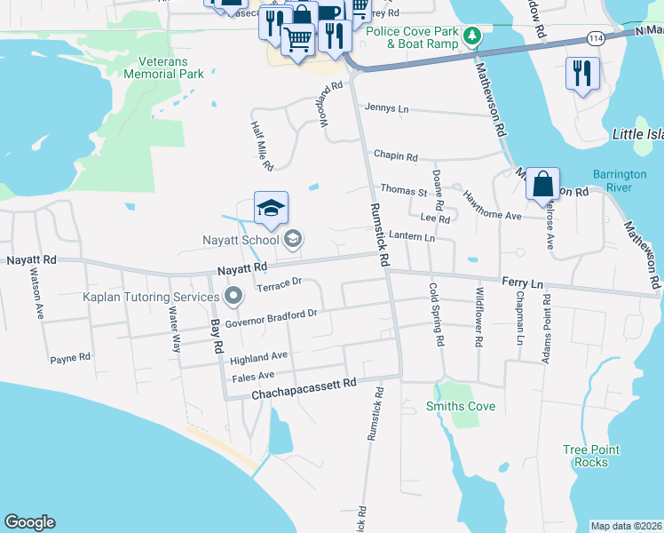 map of restaurants, bars, coffee shops, grocery stores, and more near 12 Woodford Road in Barrington