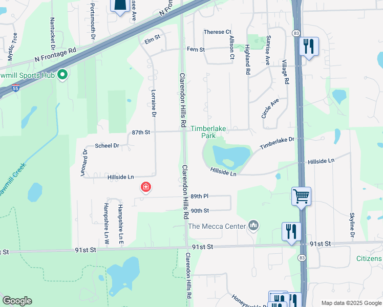 map of restaurants, bars, coffee shops, grocery stores, and more near 10S082 Lakewood Drive in Burr Ridge