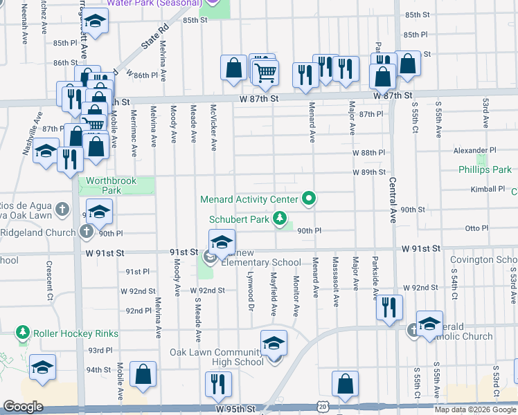 map of restaurants, bars, coffee shops, grocery stores, and more near 5918 West 90th Street in Oak Lawn