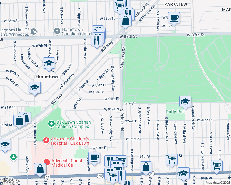 map of restaurants, bars, coffee shops, grocery stores, and more near 4032 West 90th Place in Hometown