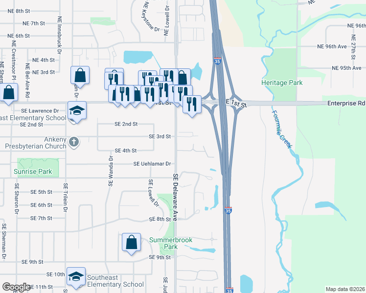 map of restaurants, bars, coffee shops, grocery stores, and more near 411 Southeast Delaware Avenue in Ankeny