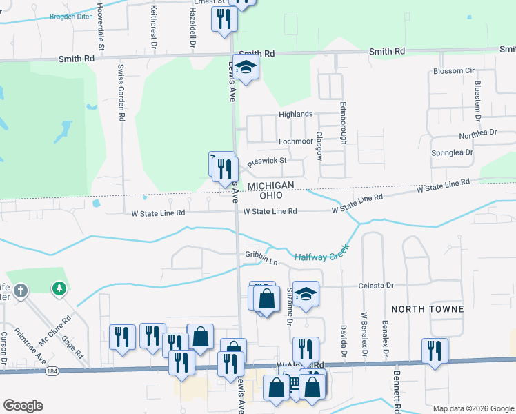 map of restaurants, bars, coffee shops, grocery stores, and more near 940 West State Line Road in Toledo