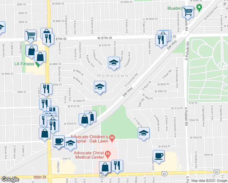 map of restaurants, bars, coffee shops, grocery stores, and more near 9011 South Beck Place in Hometown