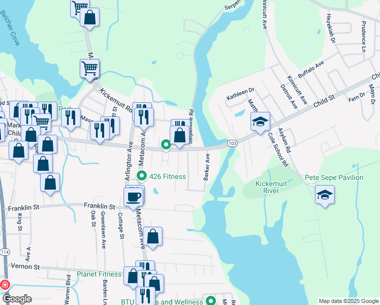 map of restaurants, bars, coffee shops, grocery stores, and more near 18 Middle Street in Warren