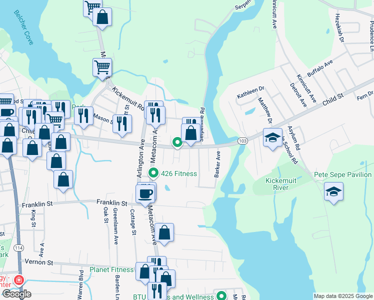 map of restaurants, bars, coffee shops, grocery stores, and more near 4 Brady Street in Warren