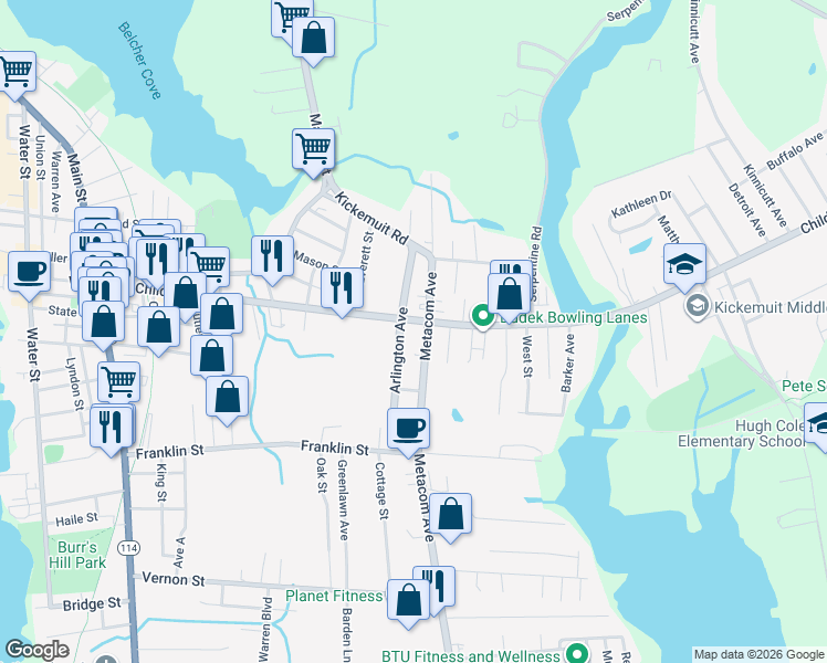 map of restaurants, bars, coffee shops, grocery stores, and more near 87 Arlington Avenue in Warren