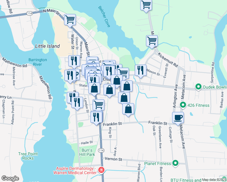map of restaurants, bars, coffee shops, grocery stores, and more near 36 Croade Street in Warren