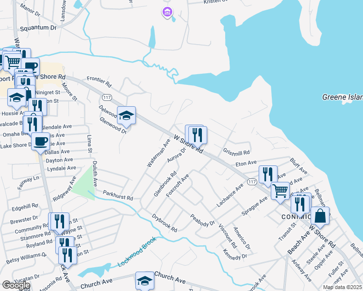 map of restaurants, bars, coffee shops, grocery stores, and more near 43 Aurora Drive in Warwick