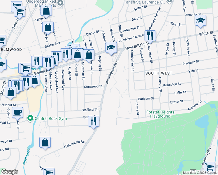 map of restaurants, bars, coffee shops, grocery stores, and more near 217 Avery Heights in Hartford